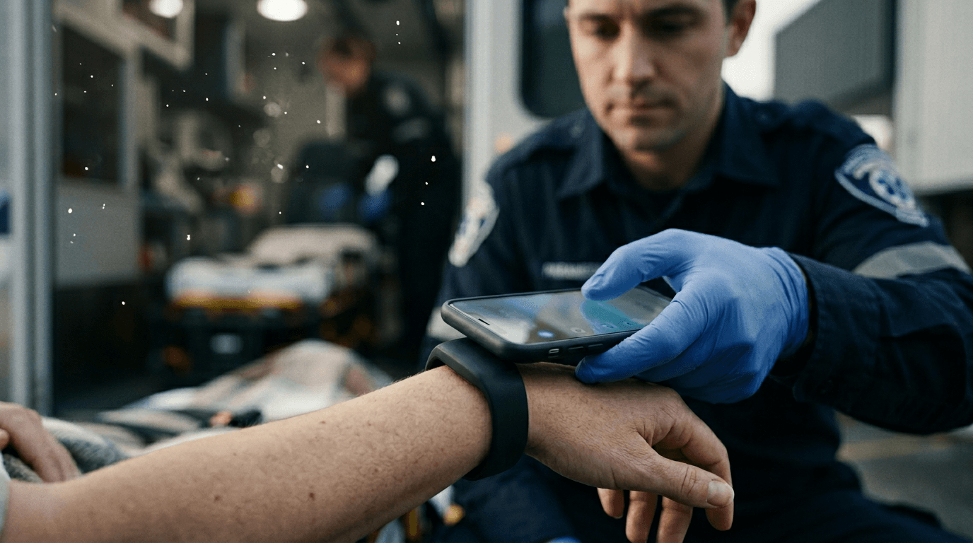 A paramedic taps a smartphone to a Hero Link wristband