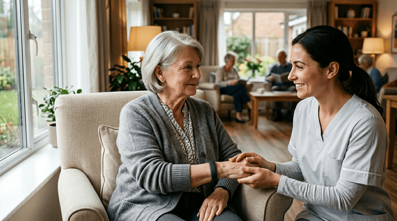 A nurse holds the hand of a senior wearing a Hero Link wristband