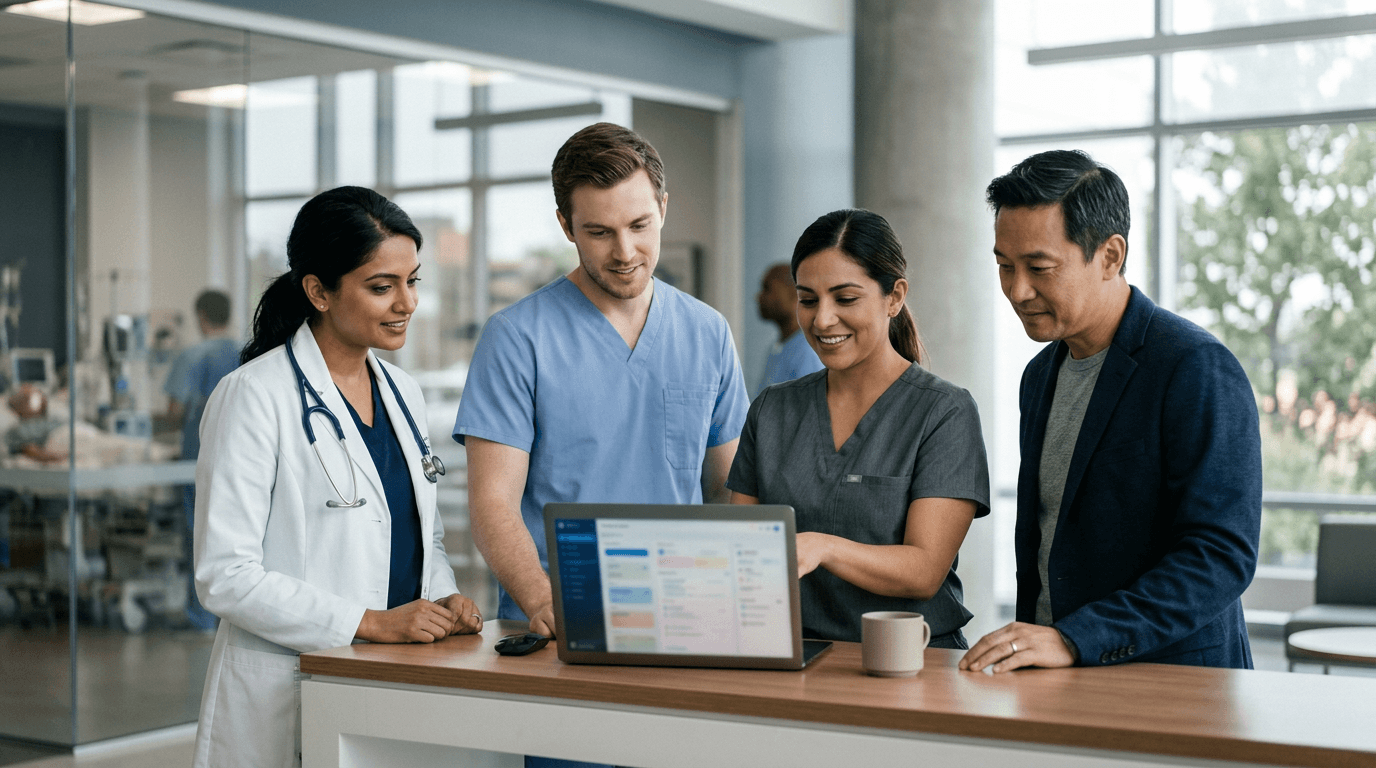 A care team reviewing member profiles on a laptop